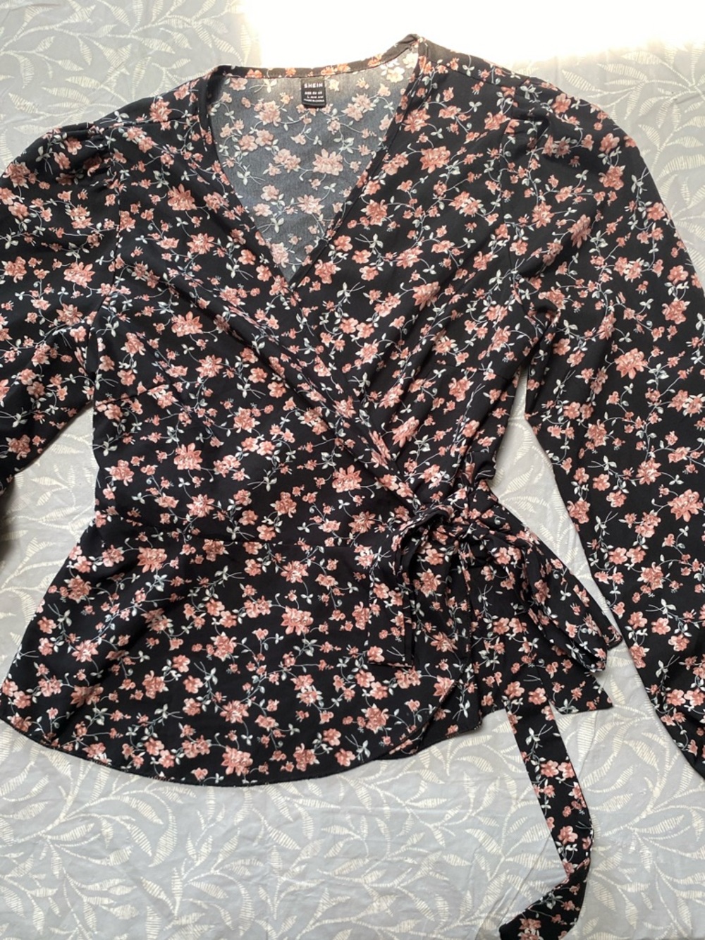 SHEIN Floral Long Sleeve Wrap Peplum Blouse